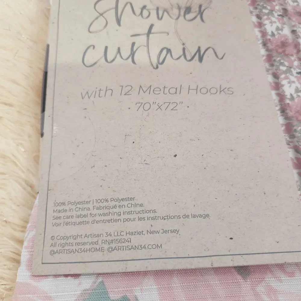 Pink floral shower curtain with 12 metal hooks 70 x 72 NEW